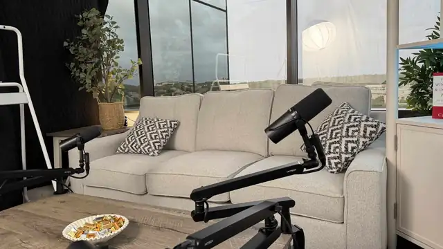 Add-on natural-light podcast setup with downtown San Antonio and Texas Hill Country views, arranged on request